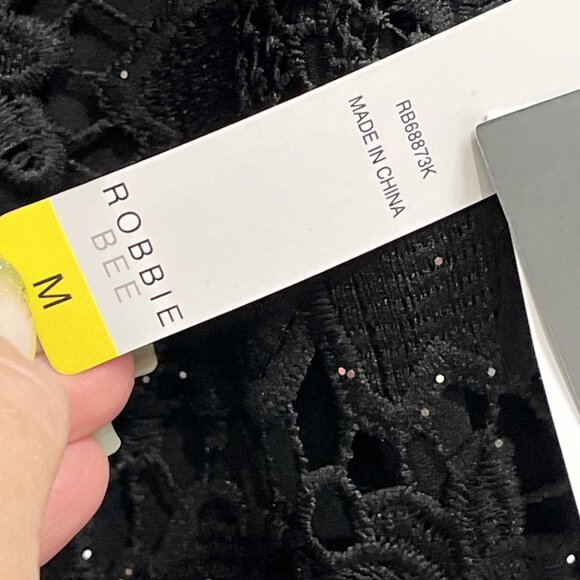 Robbie Bee Dress Womens M Black Lace Overlay Lined Midi Metallic Event Cocktail - Picture 4 of 13